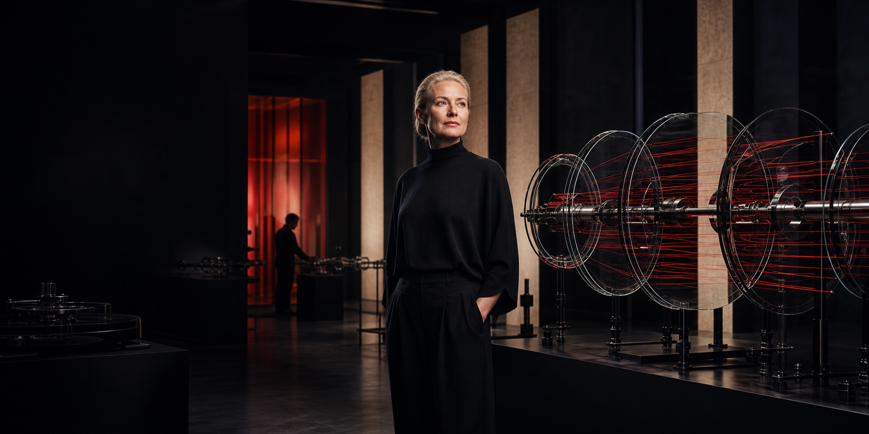 AI product leader beside a kinetic data sculpture in the BELDIOM innovation lab