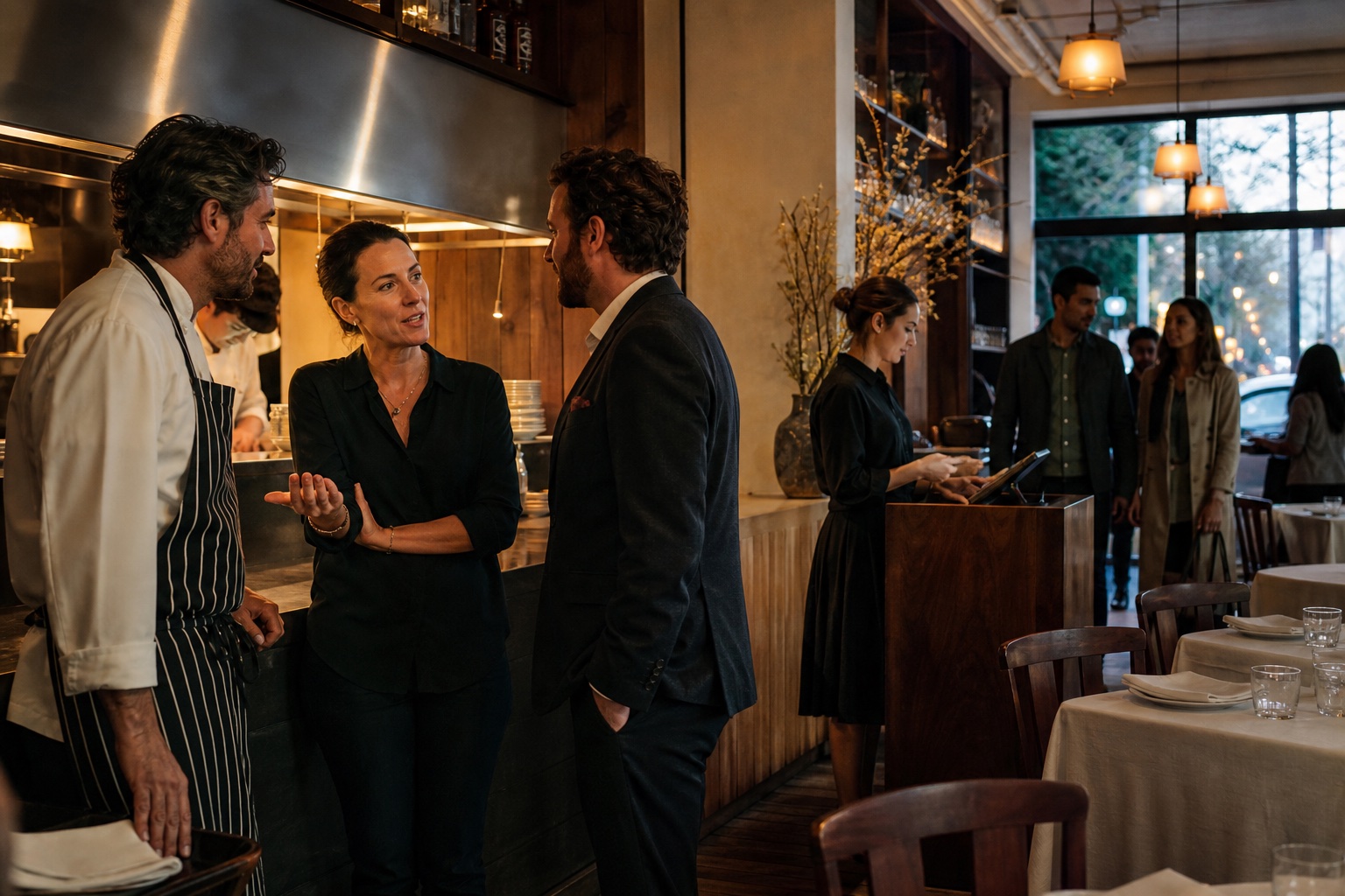 Restaurant owner coordinating dinner service with her chef and front-of-house team